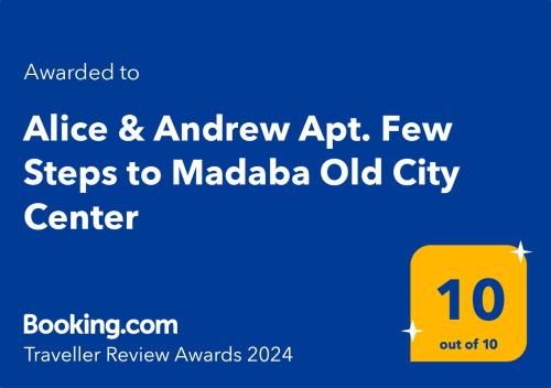 Certifikát, hodnocení, plakát nebo jiný dokument vystavený v ubytování Alice & Andrew Apt. Few Steps to Madaba Old City Center