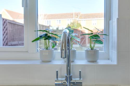 a kitchen sink with three potted plants in a window at Cosy 2 bedroom house - With Free Parking and Wifi in Chelmsford