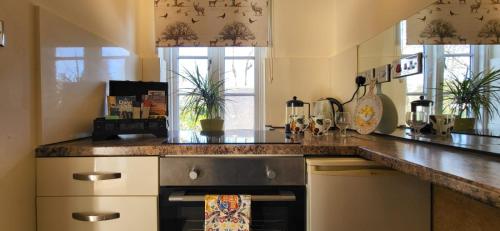 a kitchen with a counter top and a stove at Castle Retreats Nest & Crown in Torquay