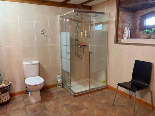 La salle de bains est pourvue d'une douche, de toilettes et d'une chaise. dans l'établissement A Casa Amarela Guest room, à São Martinho da Cortiça