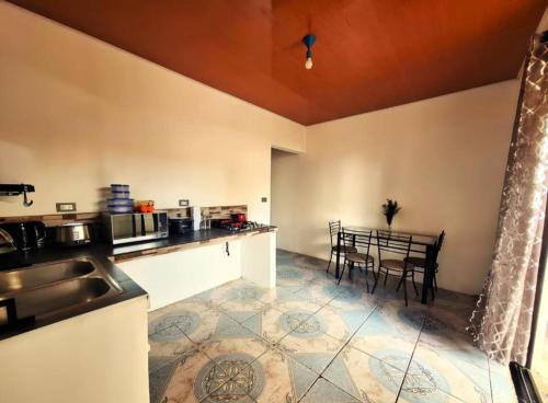 eine Küche mit einem Waschbecken und einem Tisch mit Stühlen in der Unterkunft Il Padrino Corcovado Apartament in Puerto Jiménez