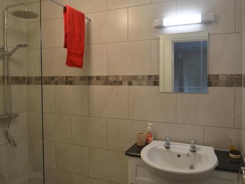 een badkamer met een wastafel en een glazen douche bij 1 Bed in Ironbridge 73319 in Buildwas