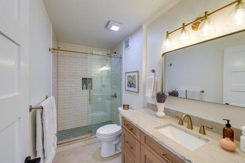 a bathroom with a shower and a sink and a toilet at Spacious Black Hawk Home with Deck and Mountain Views! in Black Hawk