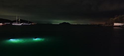 a group of boats in the water at night at L&M Housing Apartamentos y casa in Búzios