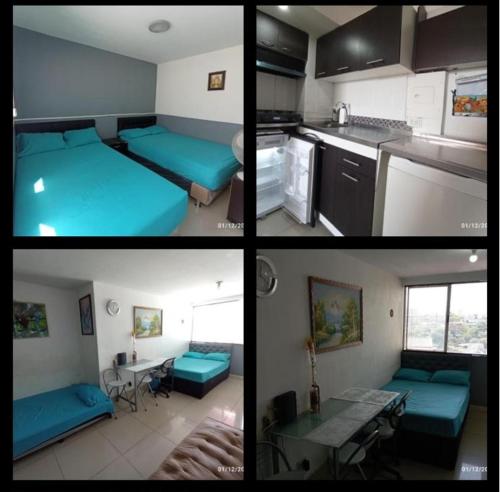 three pictures of a kitchen with blue beds in a room at CENTRO! San Lorenzo - Downtown - Apartaestudio Familiar in Medellín