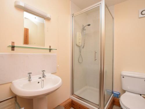 a bathroom with a shower and a sink and a toilet at 1 Bed in Ashford in the Water PK574 in Great Longstone