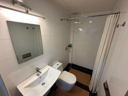 a bathroom with a sink and a toilet and a mirror at Hotel Twelve at 12 Kuantan Centre in Kuantan