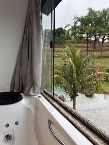a bath tub with a window with a palm tree at Sítio Balango: Seu refúgio em Domingos Martins. Chalés para casais e casa para grupo de pessoas in Domingos Martins