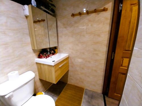 a bathroom with a white toilet and a sink at TAHITI - Vetea POOL Fare in Pirae
