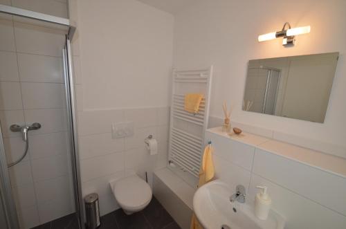 ein Bad mit einem WC, einem Waschbecken und einer Dusche in der Unterkunft Gästehaus Stiftsstadt in Kempten