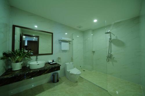a bathroom with a toilet and a sink and a mirror at Mường Thanh Grand Dien Bien Phu Hotel in Diện Biên Phủ