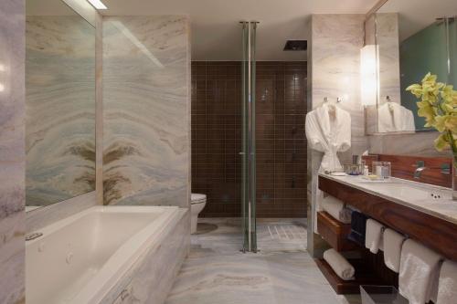 Las Alcobas, a Luxury Collection Hotel, Mexico City في مدينة ميكسيكو: حمام مع حوض ومغسلة ودش