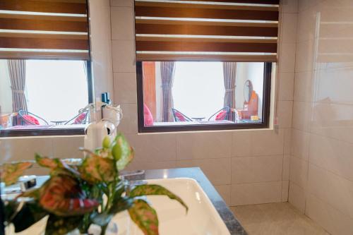 a bathroom with a sink and two windows with a plant at Vĩnh Sơn Nội Bài in Hanoi