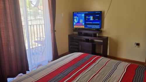 um quarto com uma cama e uma televisão de ecrã plano em Departamento Puclaro em Vicuña