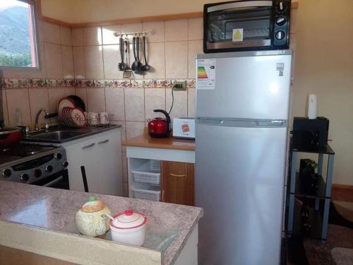 een keuken met een koelkast en een magnetron. bij Departamento Puclaro in Vicuña