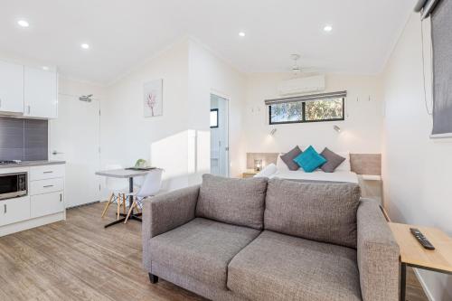 a living room with a couch and a bed at BIG4 Bendigo Marong Holiday Park in Marong