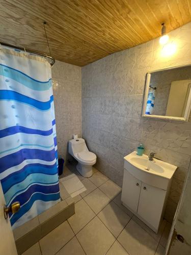 y baño con lavabo, aseo y cortina de ducha. en ¡Casa equipada para vacacionar!, en Viña del Mar