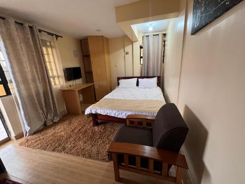 a small bedroom with a bed and a chair at Citypal Apartments in Meru