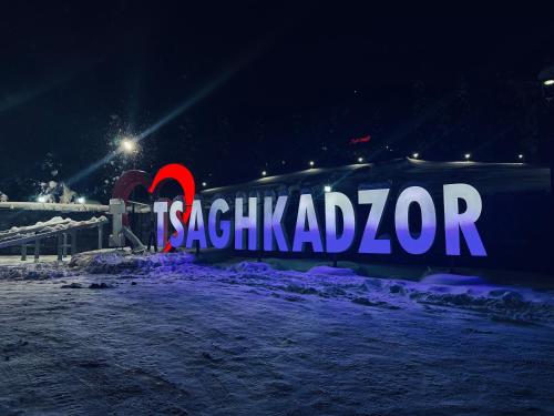 a sign that says kashklabota on a train in the snow at Tsaghkazdor luxury apartment in Tsaghkadzor