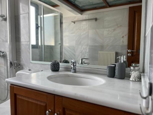 een badkamer met een wastafel en een spiegel bij Green Apartment near Marousi Hospitals & OAKA, by PromosHomes in Marousi