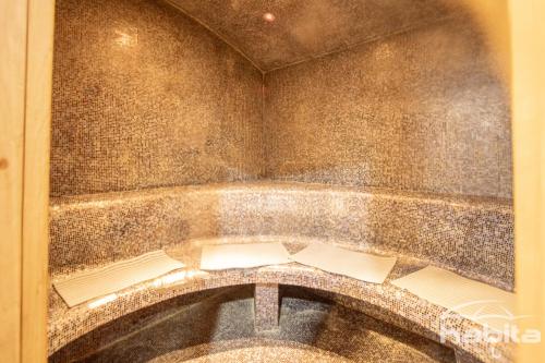 bagno con doccia e parete in pietra di Cozy house with sauna, pool and private garden a Riga