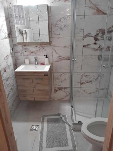 a bathroom with a shower and a sink and a toilet at "Village Aris" Sevasti Symi Studios in Symi