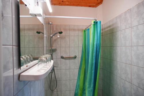 y baño con ducha, lavabo y espejo. en Villa Bea Panzió, en Zamárdi