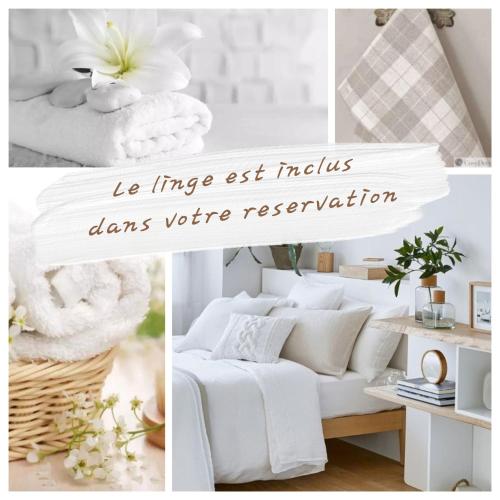 un collage d'images d'un salon avec des meubles blancs dans l'établissement Villa COEFFICIENT 65 - Emplacement PARFAIT, calme et propre, à La Tremblade