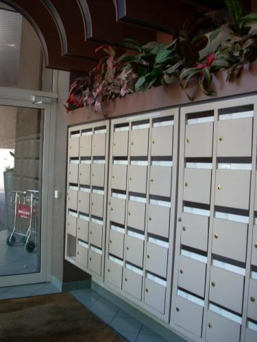 un mur de casiers dans un magasin dans l'établissement Alpine Stay - Studio Entier Résidence Standing vue parc au calme - Parking Gratuit - Wifi - Tram à proximité, à Grenoble