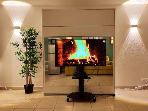a fire place in a living room with a fireplace at 6 min zum Hauptbahnhof, kostenfrei parken, cozy in Mainz