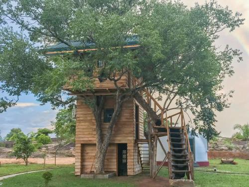 a tree house with a ladder in front of it at The Lion Kingdom Sigiriya in Sigiriya
