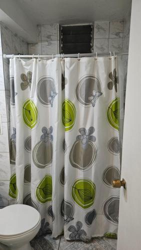a shower curtain in a bathroom with a toilet at Departamento con Piscina y Estacionamiento in Chillán