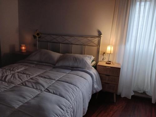 a bedroom with a bed and a lamp on a night stand at Piedad Fernández Fernández Gestión de Inmuebles IV in Burela de Cabo