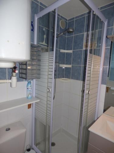une salle de bain avec douche et toilettes dans l'établissement T2, rez-de-jardin, terrasse, piscine, Les Maisons de la Plage, Narbonne Plage, à Narbonne-Plage