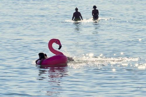 three people swimming in the water with a pink swan at Village Camping Joker in Cavallino-Treporti