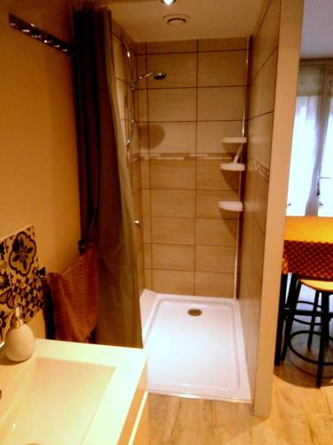 une douche avec une porte vitrée dans une salle de bain dans l'établissement perigordchambre, à Sarlat-la-Canéda