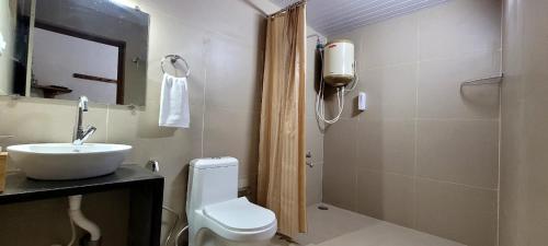 a bathroom with a toilet and a sink and a shower at Wild Kasarwadi in Dandeli