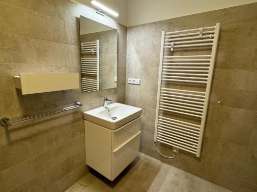 a bathroom with a sink and a mirror at Apartmán U lesa in Smržovka