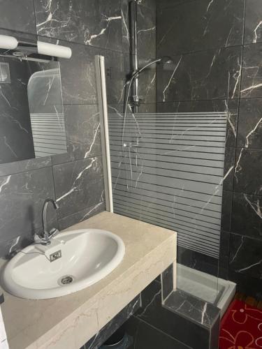 een badkamer met een wastafel en een douche bij Hôtel La Pinède in Saint-Marcellin-lès-Vaison