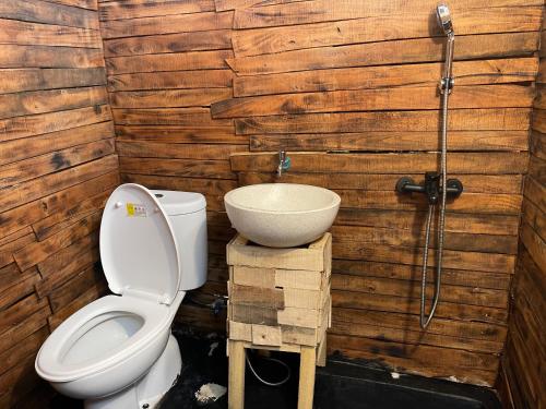 un baño con inodoro y lavabo en Triangular house and hot spring, en Kubupenlokan
