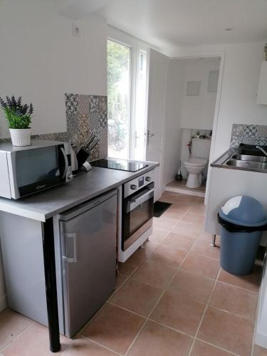 une cuisine avec un évier et un micro-ondes dans l'établissement Maison 3 personnes dans village atypique, à Talmont-Saint-Hilaire
