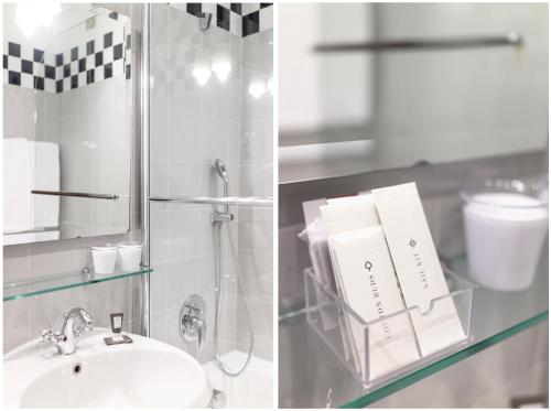 two pictures of a bathroom with a sink and a mirror at Hotel Gran Duca Di York in Milan