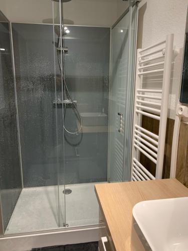 une douche en verre dans une salle de bain avec un lavabo dans l'établissement Appartement vue montagne Font Romeu, à Font-Romeu-Odeillo-Via