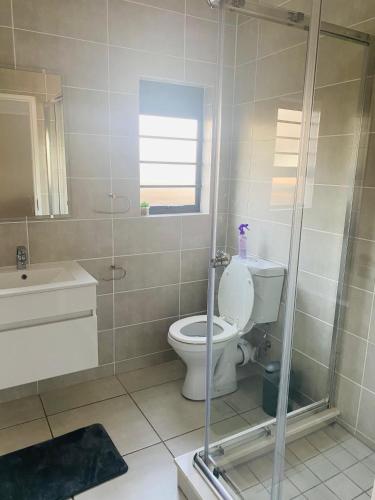 a bathroom with a toilet and a shower and a sink at Joy Apartment@The Blyde in Pretoria