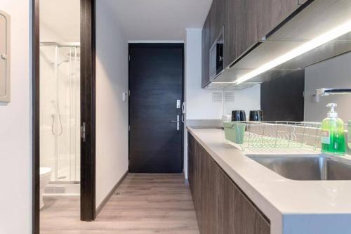 a kitchen with a sink and a counter top at Lofts Con Piscina En Santiago in Santiago