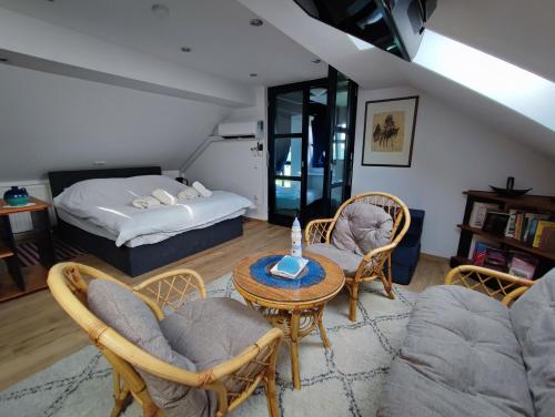 a living room with a bed and a table and chairs at SALVUS APARTMA in Lendava