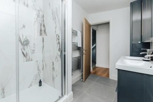 a bathroom with a shower and a sink at Swan's Nest in Henley on Thames
