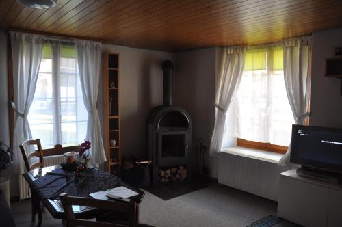 sala de estar con mesa, chimenea y ventanas en Ferienwohnungen Alter Raaben, en Rüti