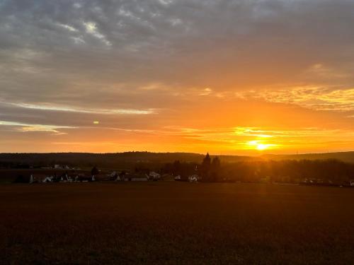 un tramonto su un campo con il tramonto sullo sfondo di NID DOUILLET INDEPENDANT a La Ferté-Alais