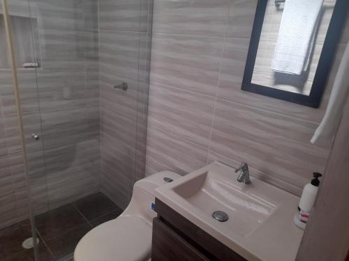 W łazience znajduje się toaleta, umywalka i prysznic. w obiekcie Alojamiento turístico Paula Viktoria w mieście Villavicencio